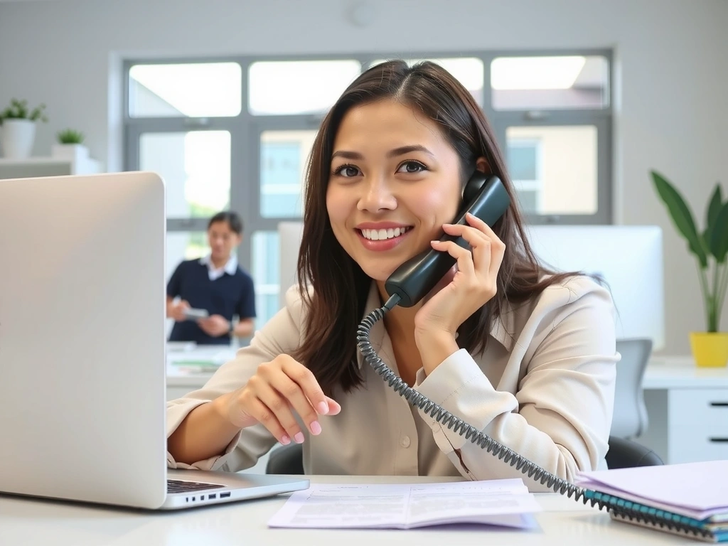 Imagine ilustrativă cu o persoană zâmbitoare care răspunde la telefon într-un birou modern și curat