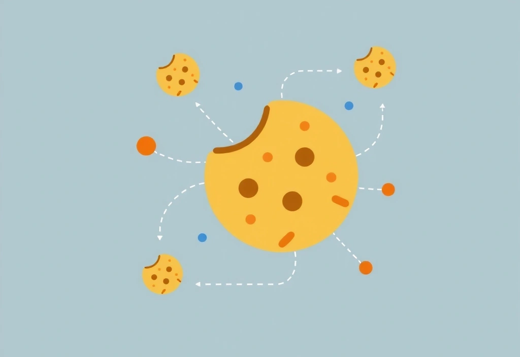 Ilustrație cu simboluri de cookie-uri și date digitale