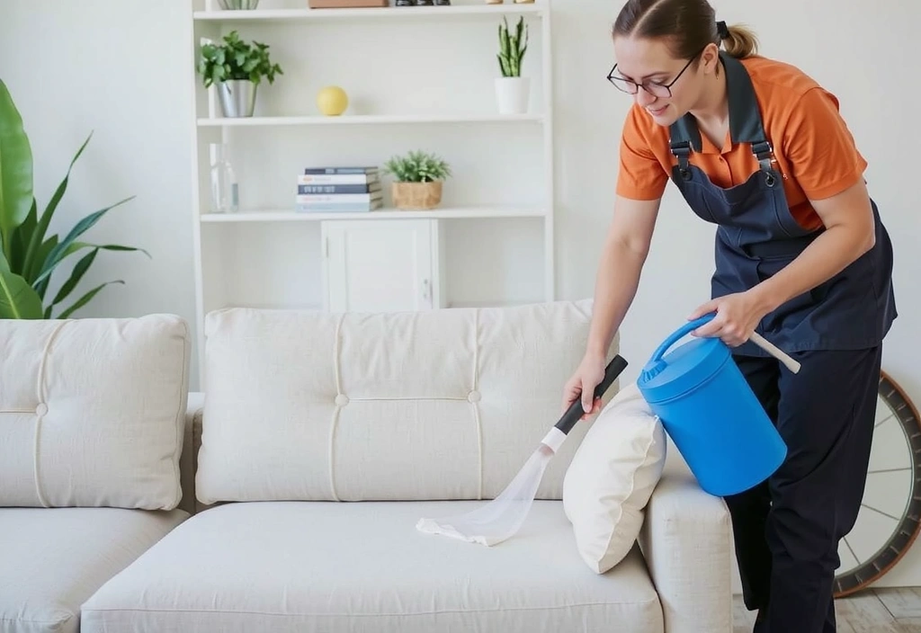 Imagine cu un profesionist curățând o canapea cu un echipament specializat