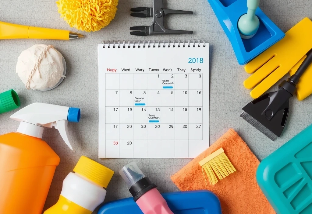 Imagine cu un calendar și ustensile de curățenie, simbolizând programe regulate de curățenie
