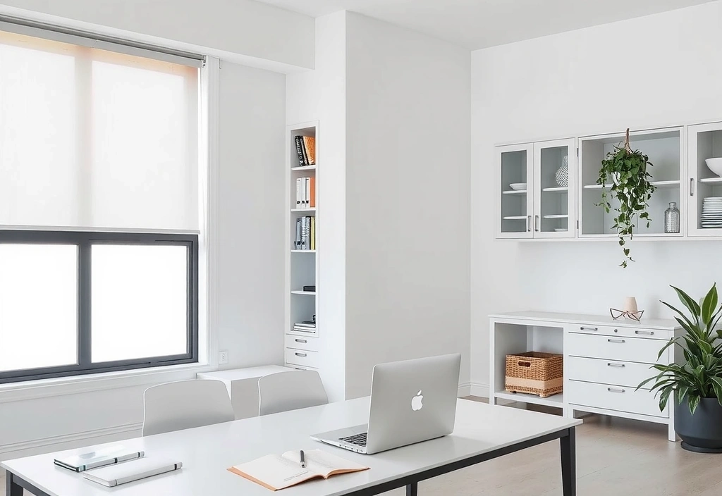 Imagine cu un birou modern, curat și organizat, cu un design minimalist