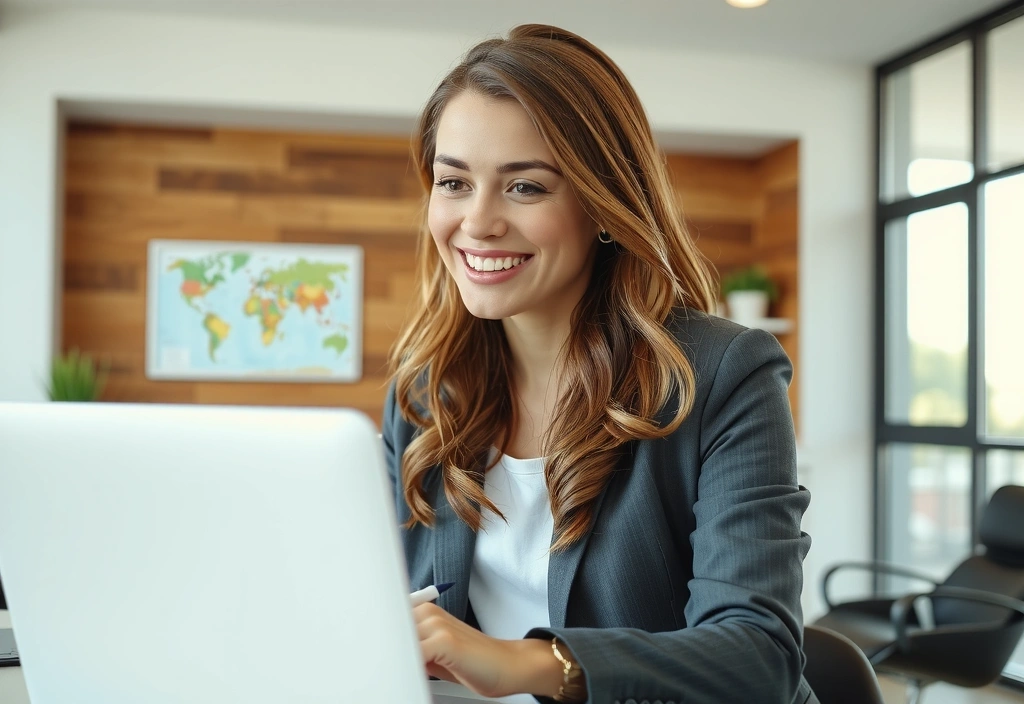Femeie zâmbind la laptop în timpul unei discuții de afaceri