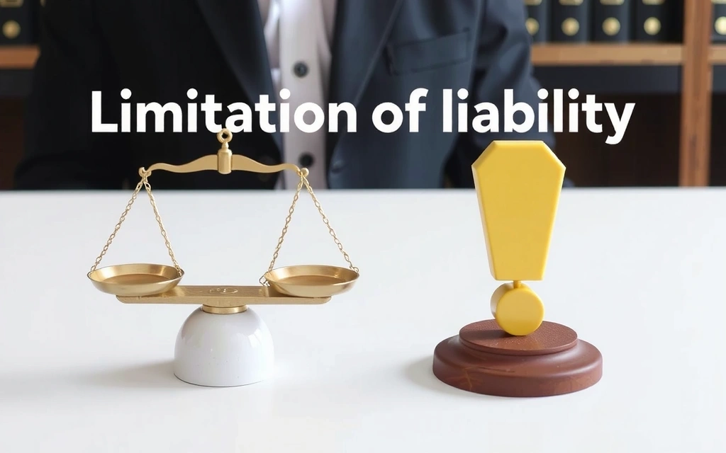 Imagine metaforică cu o balanță și un semn de exclamare, reprezentând limitarea răspunderii și echilibrul