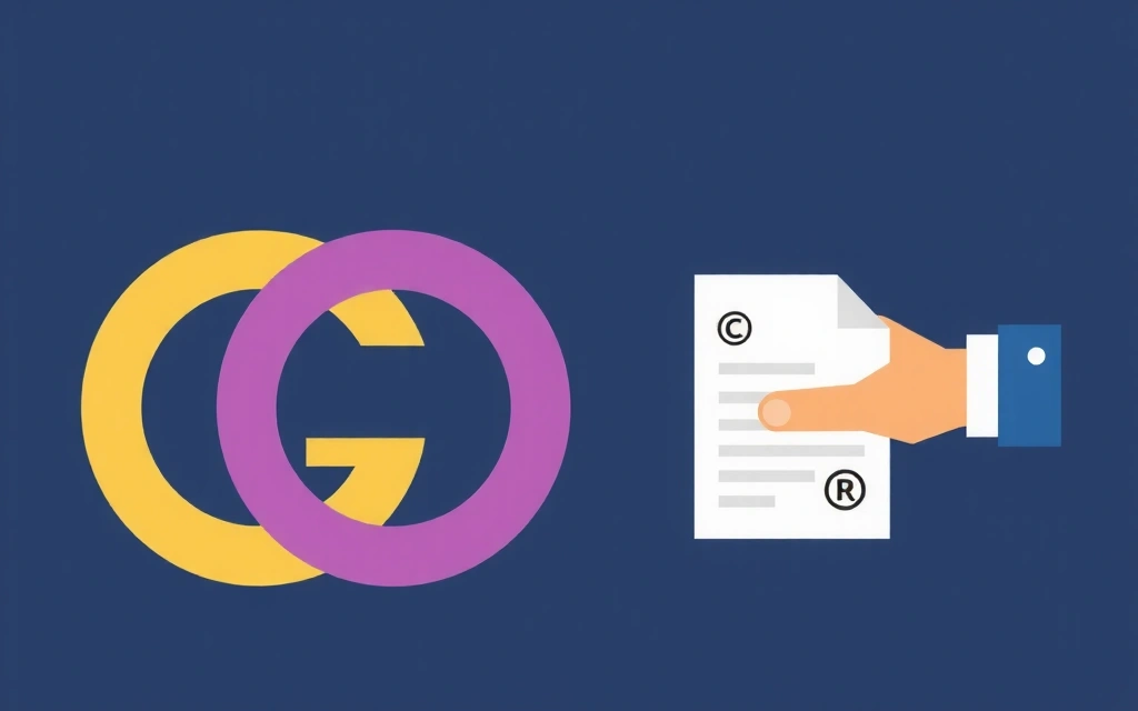 Imagine abstractă reprezentând drepturile de proprietate intelectuală, cu simboluri de copyright și mână care protejează documente